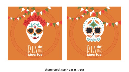 dia de los muertos poster with skulls couple and garlands vector illustration design