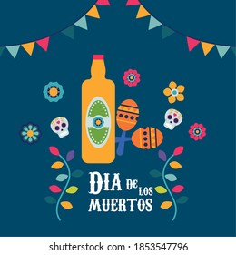 dia de los muertos poster with tequila bottle and garlands vector illustration design