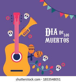 poster de dia de los muertos con guitarra y guirnaldas en flores diseño de ilustraciones vectoriales