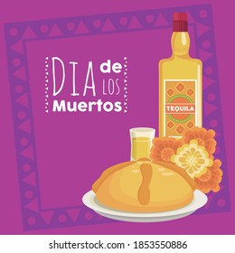 cartel de dia de los muertos con botella de tequila y flores diseño de ilustraciones vectoriales