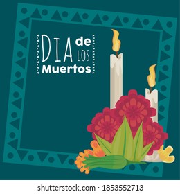 dia de los muertos poster with candles and flowers vector illustration design