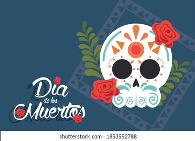 dia de los muertos poster with head skull and floral decoration vector illustration design