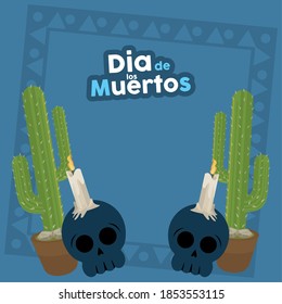 dia de los muertos poster with skulls chandeliers and cactus vector illustration design