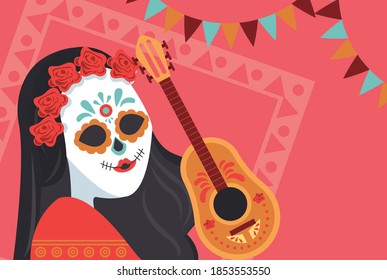 dia de los muertos poster with katrina skull vector illustration design