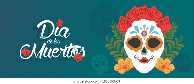 dia de los muertos poster with katrina skull and floral decoration vector illustration design