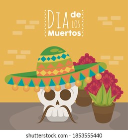 dia de los muertos poster with mariachi skull and flowers vector illustration design