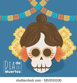 dia de los muertos poster with katrina skull and flowers vector illustration design