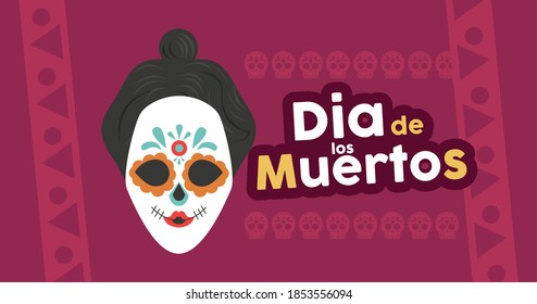 dia de los muertos poster with katrina skull and lettering vector illustration design