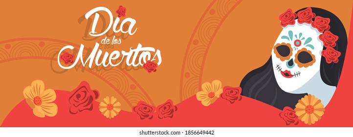 dia de los muertos poster with katrina skull and flowers garden vector illustration design