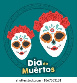 dia de los muertos poster with katrina skulls and floral crowns vector illustration design