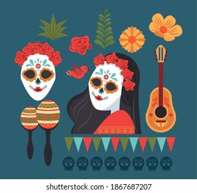 dia de los muertos poster with katrina skulls and instruments vector illustration design