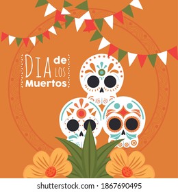 dia de los muertos poster with heads skulls and garlands vector illustration design