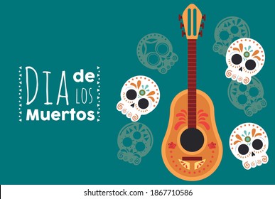 dia de los muertos poster with heads skulls and guitar vector illustration design