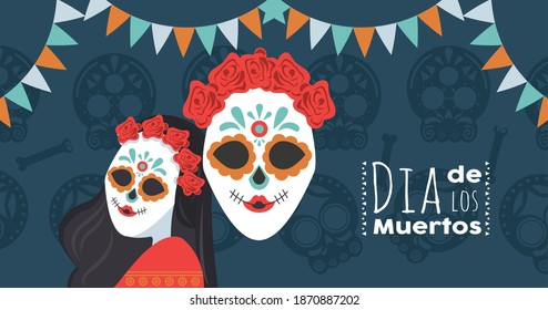 dia de los muertos poster with katrina skulls and garlands vector illustration design