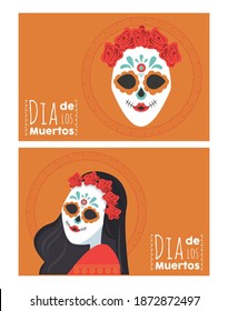 dia de los muertos poster with katrina skulls and letterings vector illustration design