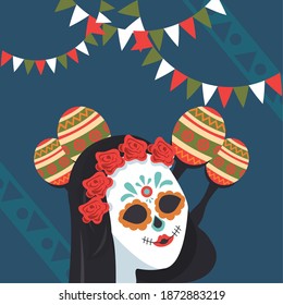 dia de los muertos poster with katrina skull and maracas vector illustration design