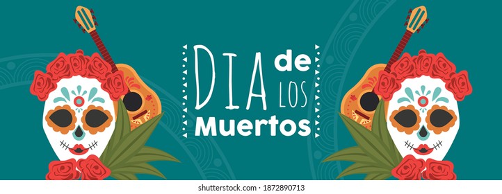 dia de los muertos poster with katrina skulls and guitars vector illustration design