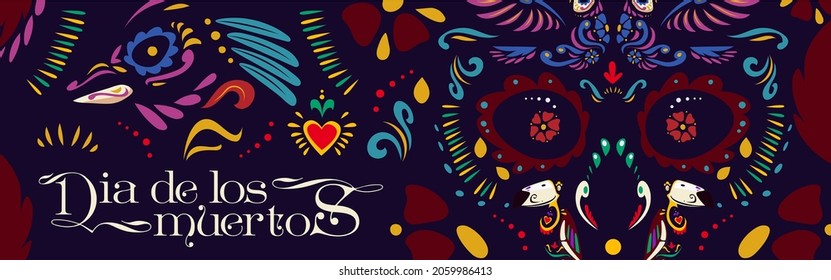 Dia de los Muertos poster with fancy pattern of skull with flowers, hearts and birds on black background. Vector banner of Day of Dead in Mexico with cartoon illustration of traditional mexican print