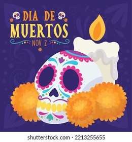 Dia de los muertos poster Skull with flowers Vector illustration