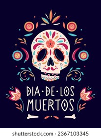 Dia de Los Muertos poster design with decorated skull, candles and flowers on dark background. Mexican Day of the Dead. Vector template with Mexican floral traditional elements. Ornate folk graphic