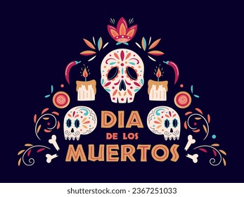 Dia de Los Muertos poster design with decorated skulls, candles and flowers on dark background. Mexican Day of the Dead. Vector template with Mexican floral traditional elements. Ornate folk graphic