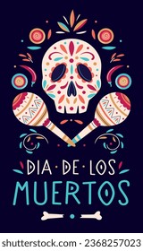 Dia de Los Muertos poster design with decorated skull, maracas, bones and flowers on dark background. Day of the Dead. Vector template with Mexican floral traditional elements. Ornate folk graphic