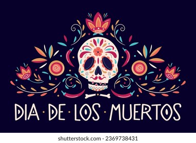 Dia de Los Muertos poster design with decorated skull  and flowers on dark background. Mexican Day of the Dead. Vector template with Mexican floral traditional elements. Ornate folk graphic