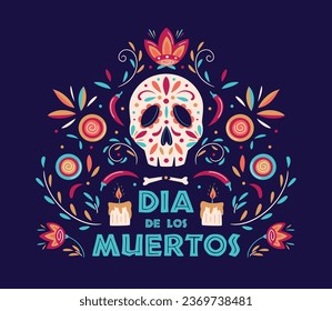 Dia de Los Muertos poster design with decorated skull, candles and flowers on dark background. Mexican Day of the Dead. Vector template with Mexican floral traditional elements. Ornate folk graphic