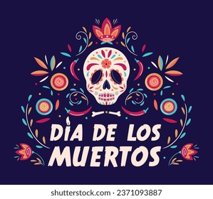 Dia de Los Muertos poster design with decorated sugar skull and flowers on dark background. Mexican Day of the Dead. Vector template with Mexican floral traditional elements. Ornate folk graphic