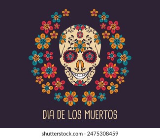 Dia de Los Muertos poster with decorated skull and flowers on a dark background. Mexican Day of the Dead. Banner with traditional Mexican floral elements. Vector