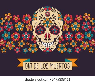 Dia de Los Muertos poster with decorated skull and flowers on a dark background. Mexican Day of the Dead. Banner with traditional Mexican floral elements. Vector