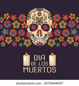 Dia de Los Muertos poster with decorated skull and flowers on a dark background. Mexican Day of the Dead. Banner. Vector