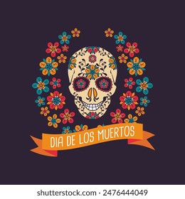 Dia de Los Muertos poster with decorated skull and flowers on a dark background. Mexican Day of the Dead. Banner. Vector