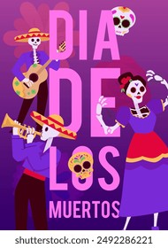 Dia de los Muertos poster. Celebrating Day of the Dead in Mexico. Mariachi plays the guitar in a sombrero, a woman dances. Sugar festuve skull. Vector illustration on a purple background.