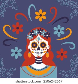 Dia de Los Muertos. poster with decorated female skull, flowers on dark background. Mexican Day of the Dead. Vector template .