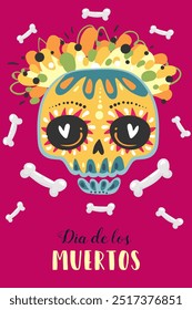 Dia de Los Muertos cartaz design com crânio decorado, flores.  Dia Mexicano dos Mortos. Modelo vetorial com elementos tradicionais florais mexicanos. Ornate folk gráfico