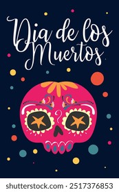 Dia de Los Muertos cartaz design com crânio decorado, flores.  Dia Mexicano dos Mortos. Modelo vetorial com elementos tradicionais florais mexicanos. Ornate folk gráfico