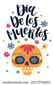 Dia de Los Muertos cartaz design com crânio decorado, flores.  Dia Mexicano dos Mortos. Modelo vetorial com elementos tradicionais florais mexicanos. Ornate folk gráfico