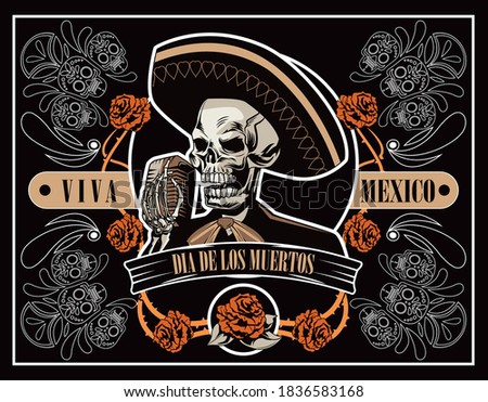 dia de los muertos poster with mariachi skull singing with microphone in brown poster vector illustration design