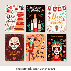 Dia de los muertos posters templates set. Catrina symbol in national dress. Cartoon human skeleton with sombrero and guitar. Traditional mexican festival. Day of dead carnival greeting cards bundle.