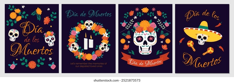 Dia de los Muertos cartazes com crânios coloridos, marigolds, sombrero, velas que encapsulam tradições ricas e espírito alegre do feriado mexicano. Ilustrações vetoriais para cartão-postal, banners, folhetos.