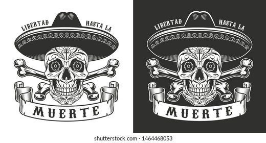 Impresión de Dia De Los Muertos con cráneo de azúcar en sombrero con sombrero sombrero sombrero mexicano y huesos cruzados en ilustración vintada monocromática aislada vectorial