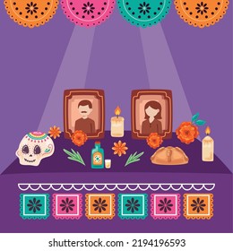 dia de los muertos religious altar scene