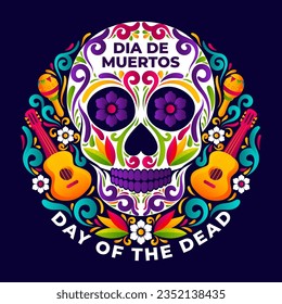 Dia de los Muertos round badge, symbol or sticker with mexican decorative illustration