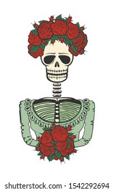 Dia de los muertos sceleton of woman with roses. Vector illustration.