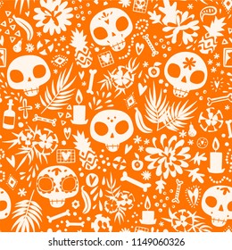 Dia de los muertos seamless vector pattern. The main symbols of the holiday. Day of the dead in minimalistic design.