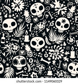 Dia de los muertos seamless vector pattern. The main symbols of the holiday in black and white. Day of the dead in minimalistic design.