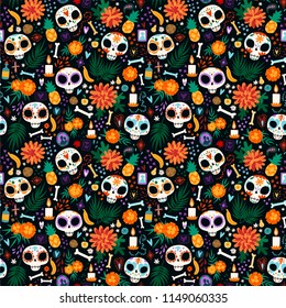 Dia De Los Muertos Seamless Vector Pattern. The Main Symbols Of The Holiday On The Dark Background. Day Of The Dead.