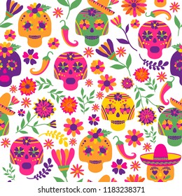 Dia de los muertos seamless vector pattern. The main symbols of the holiday on the dark background. Day of the dead.