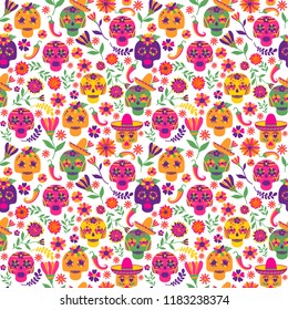 Dia de los muertos seamless vector pattern. The main symbols of the holiday on the dark background. Day of the dead.